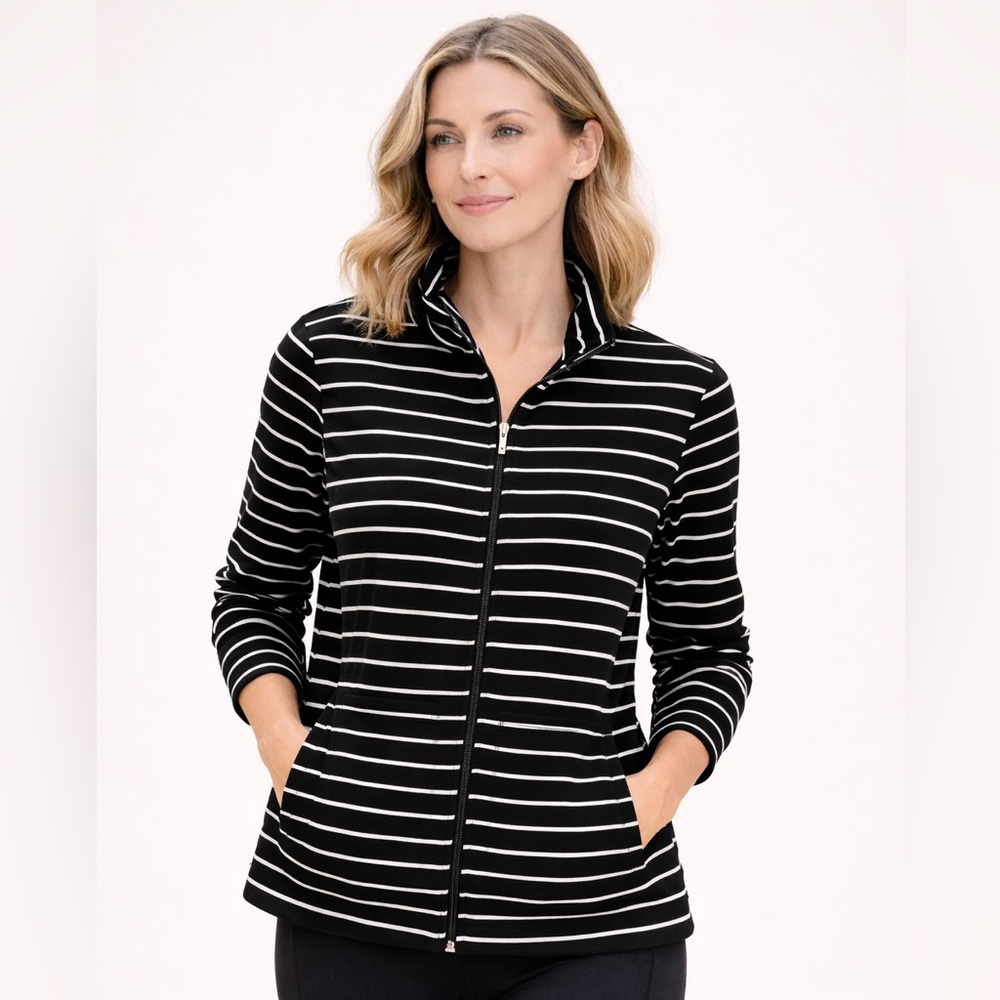 Karen Scott Full Zip Up Cotton Blend Jacket Sz M Black Stripped Activewear